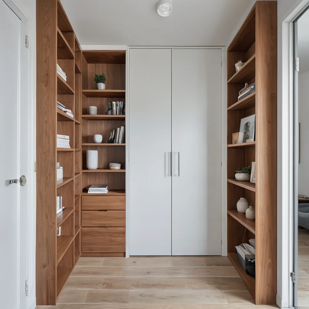Фотореалистичное изображение стеллажа от пола до потолка в коридоре маленькой квартиры, демонстрирующего максимальное использование вертикального пространства с помощью умных решений для хранения, подчеркивая компактность и порядок.