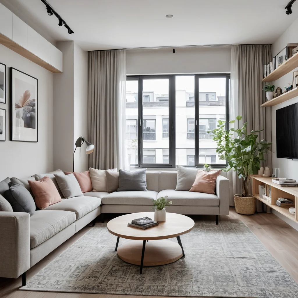 Фотореалистичное изображение уютной гостиной в маленькой квартире, демонстрирующее умные решения для хранения, минималистичный дизайн, естественное освещение и эффективное использование пространства, идеально подходящее для статьи об организации маленьких квартир.