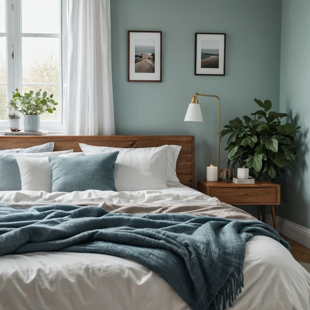 Спальня, оформленная в успокаивающей цветовой палитре, состоящей из приглушенных оттенков синего, зеленого и серого, выбранных экспертами для создания мирной атмосферы.