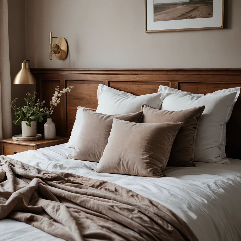Детали интерьера спальни, демонстрирующие магию текстур: мягкие ткани, натуральные материалы, льняные простыни, бархатные подушки и деревянные акценты, создающие тактильное ощущение спокойствия.