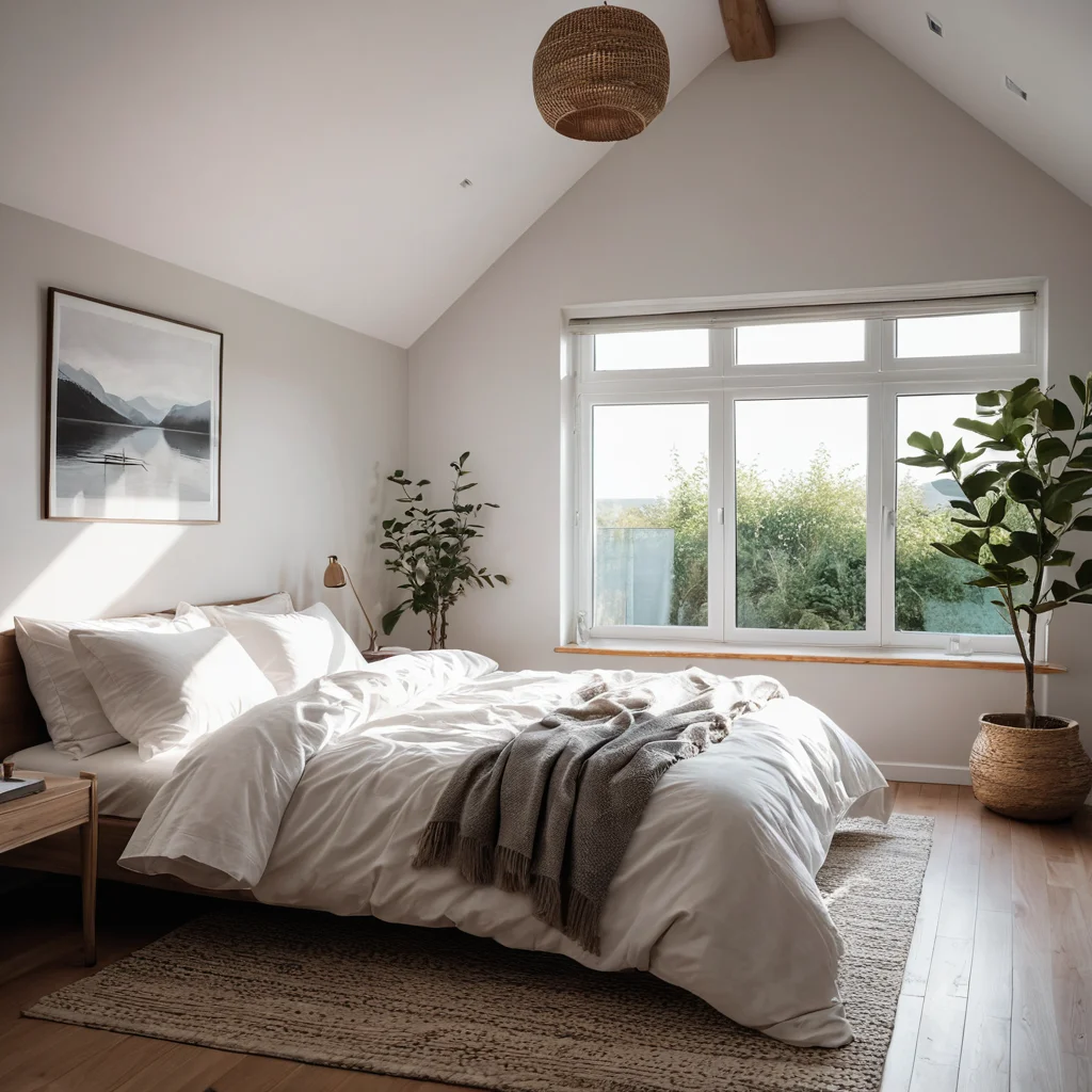 Минималистичная спальня в скандинавском стиле с элементами дзен, демонстрирующая чистое, незагроможденное пространство, естественный свет и функциональный декор для идеального сна.