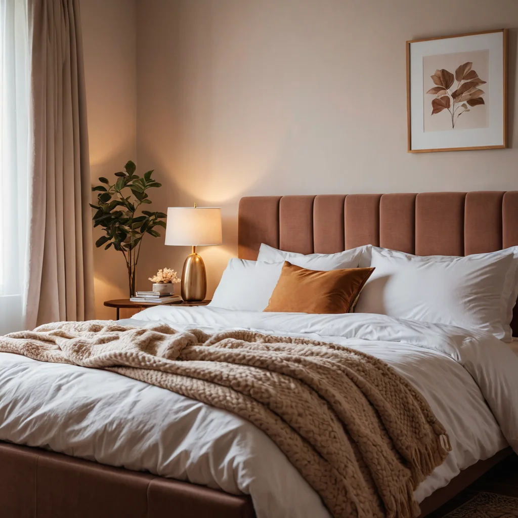 Уютный интерьер спальни, символизирующий психологический комфорт и зону релаксации, с мягким освещением, безмятежной атмосферой, теплыми цветами и плюшевыми текстурами.