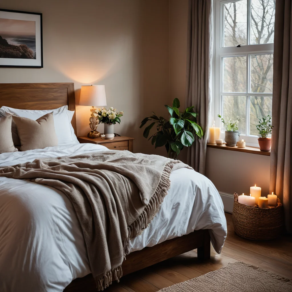 Интерьер спальни, демонстрирующий шаги к созданию уюта и личного святилища, с организованным пространством и успокаивающими элементами, способствующими ритуалу подготовки ко сну.