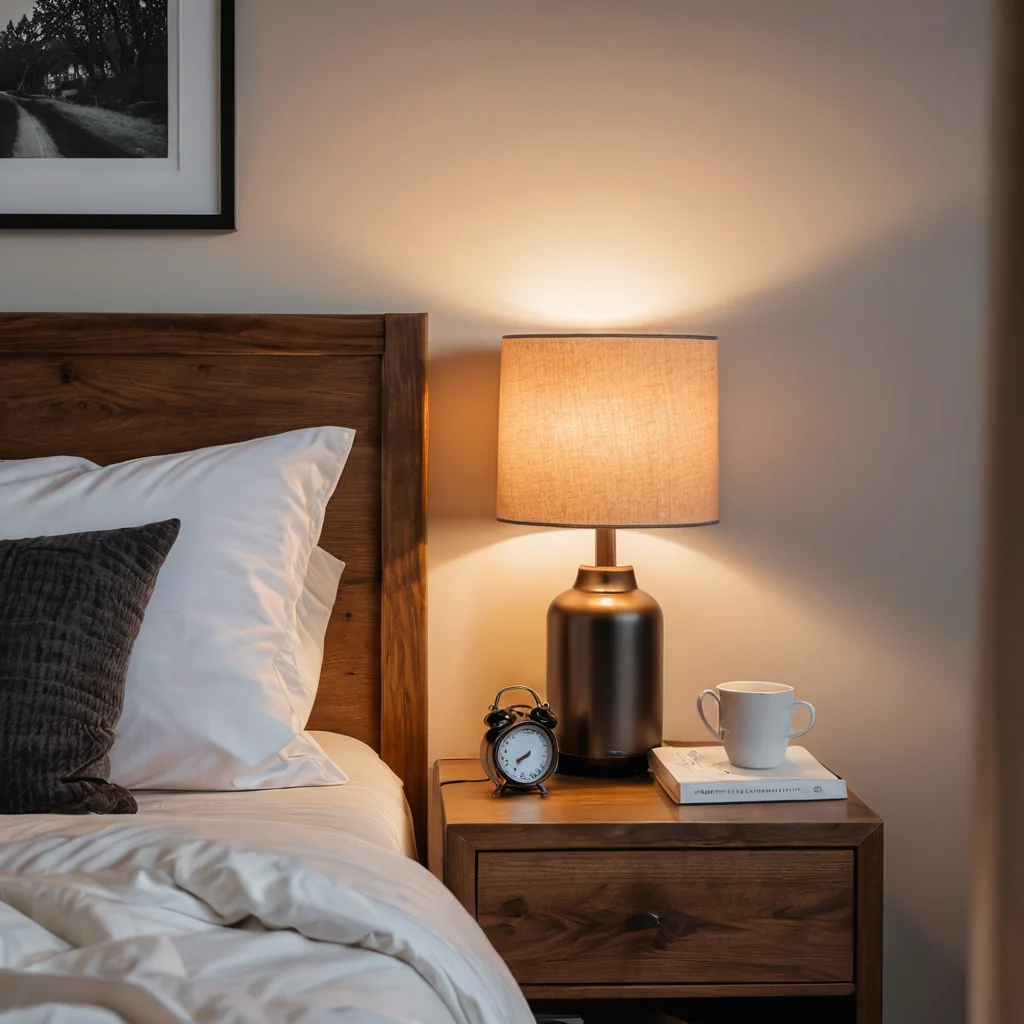 Спальня с мягким, теплым прикроватным освещением от диммируемой лампы, создающим нежное свечение, способствующее максимальному расслаблению и крепкому сну.