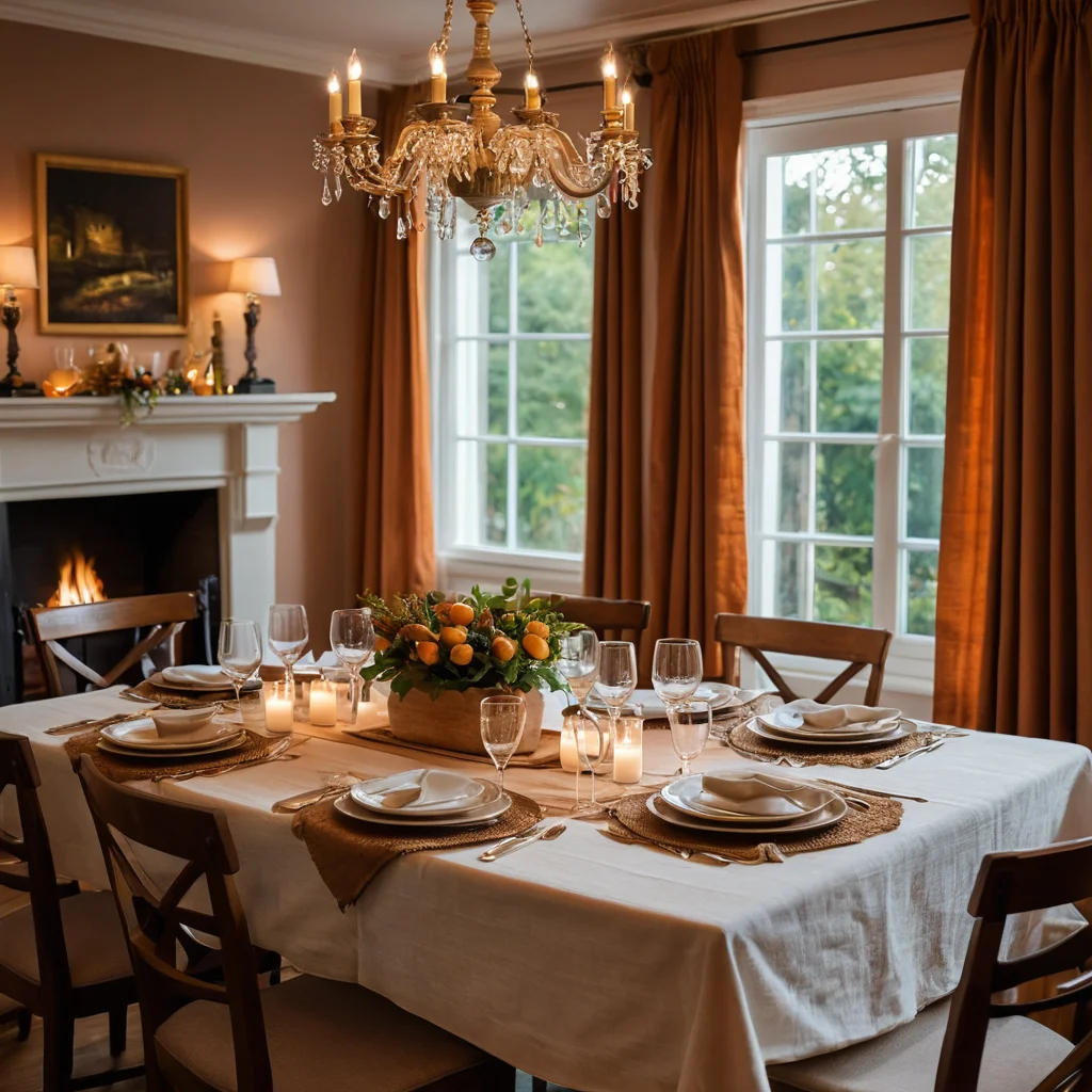 Обеденный зал в вечернем свете, где текстурная скатерть и усиленные теплым светом цвета создают ощущение тактильного комфорта и уюта.