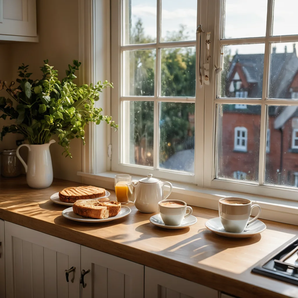 Уютный кухонный уголок, освещенный теплым золотистым утренним светом, где на столе стоит чашка кофе и здоровый завтрак, символизируя позитивное начало дня.