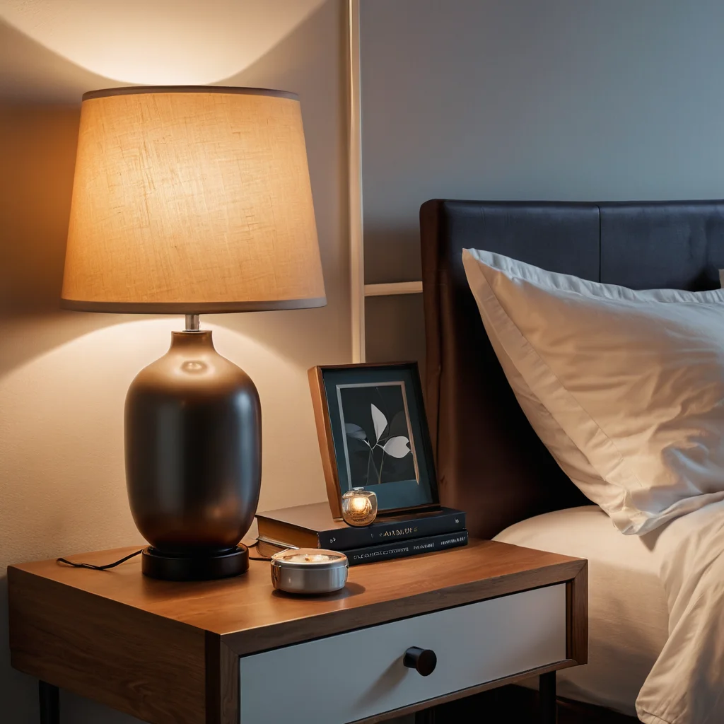 Прикроватная тумбочка в спальне с мягким теплым светом от лампы, символизирующим подготовку ко сну и создающим расслабляющую атмосферу.