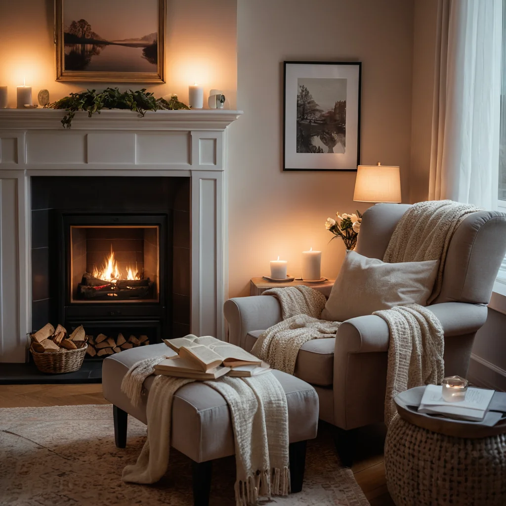 Уютный уголок для чтения с теплым вечерним светом от камина, мягкими тенями и приглушенными цветами, создающий атмосферу покоя и умиротворения.