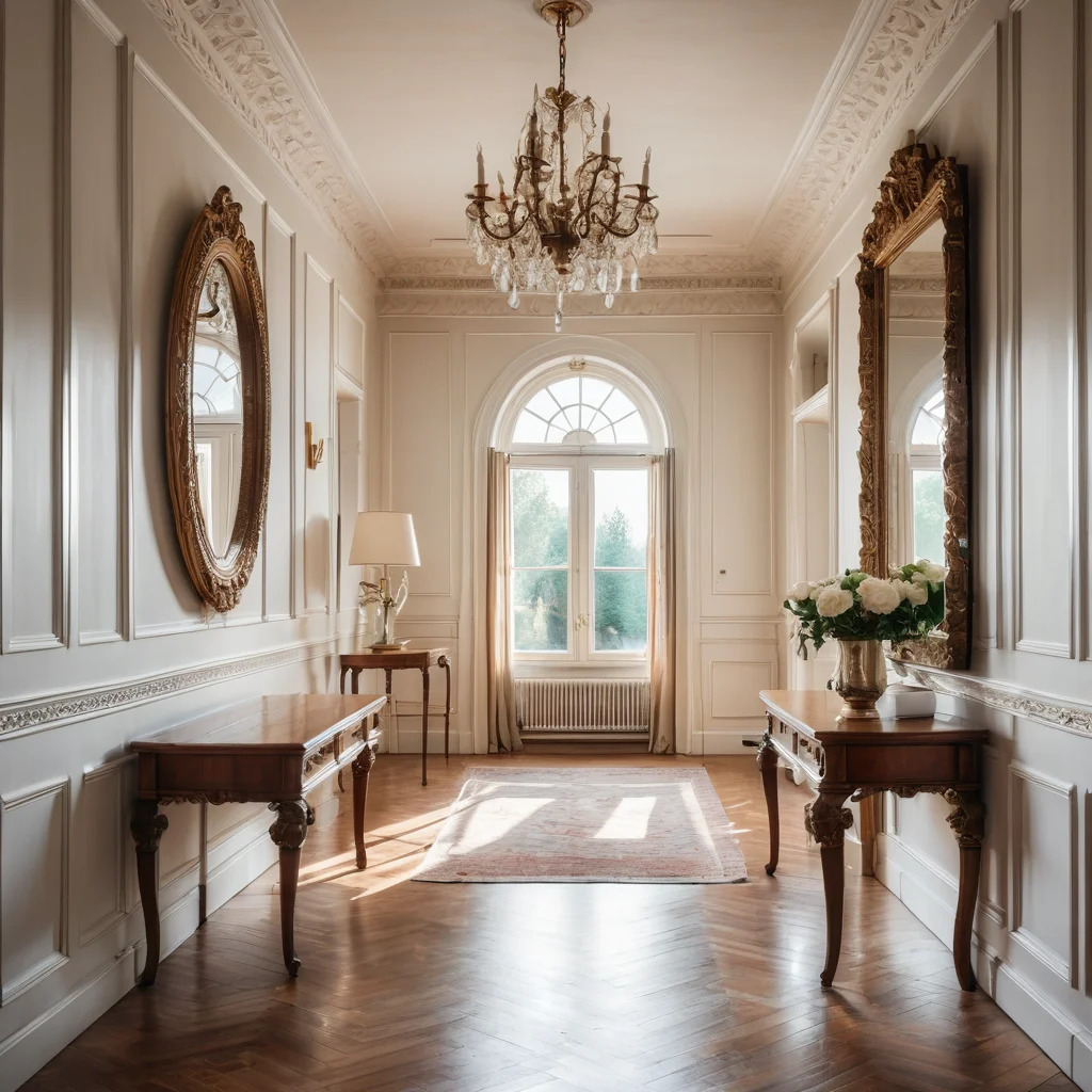 Прихожая с большим резным зеркалом, отражающим утреннее солнце и умножающим свет, делая пространство более ярким и просторным.