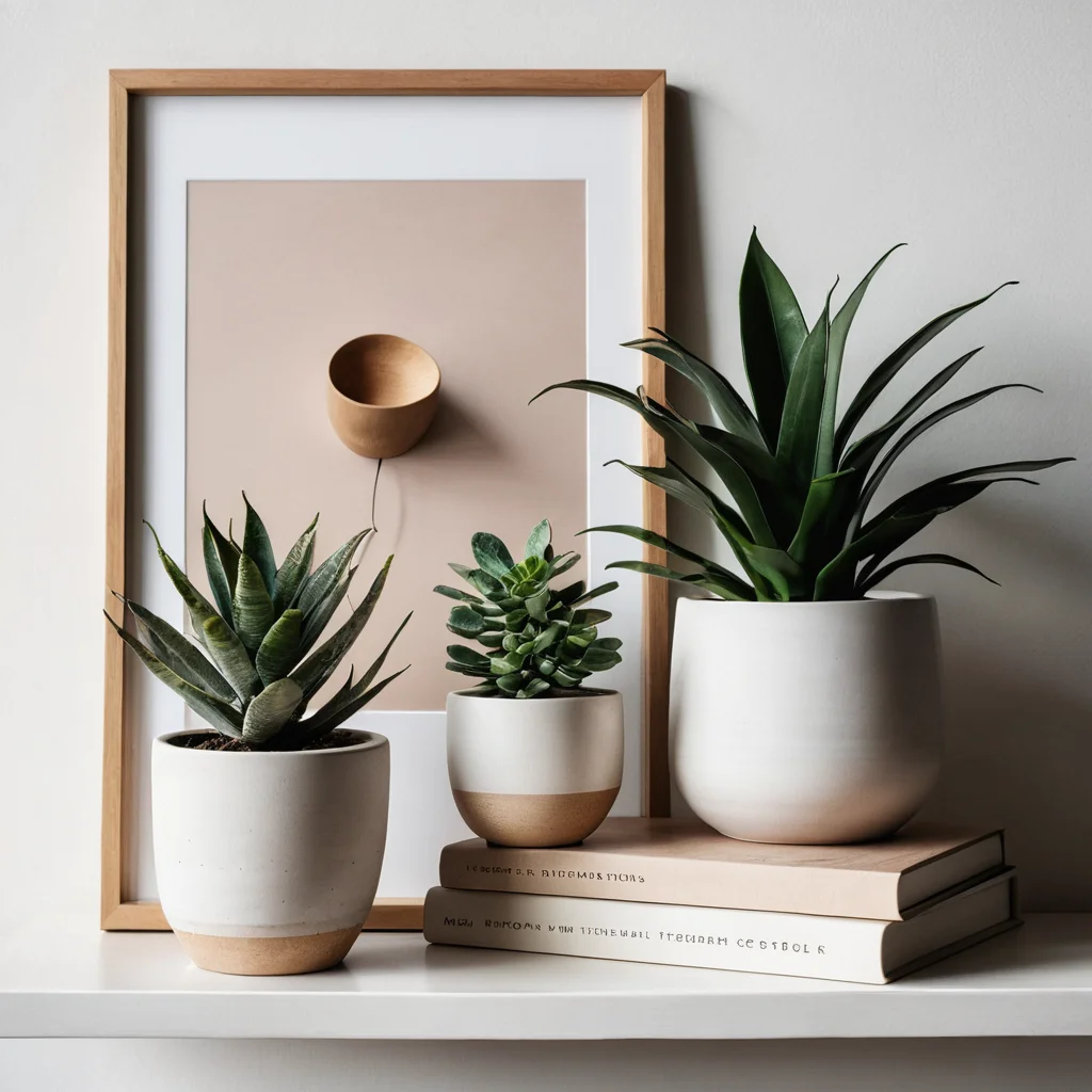 Минималистичный декор: тщательно отобранные предметы – керамическая скульптура, небольшое растение, художественный принт в раме – на чистой полке, освещенные теплым светом, демонстрирующие функциональную красоту.