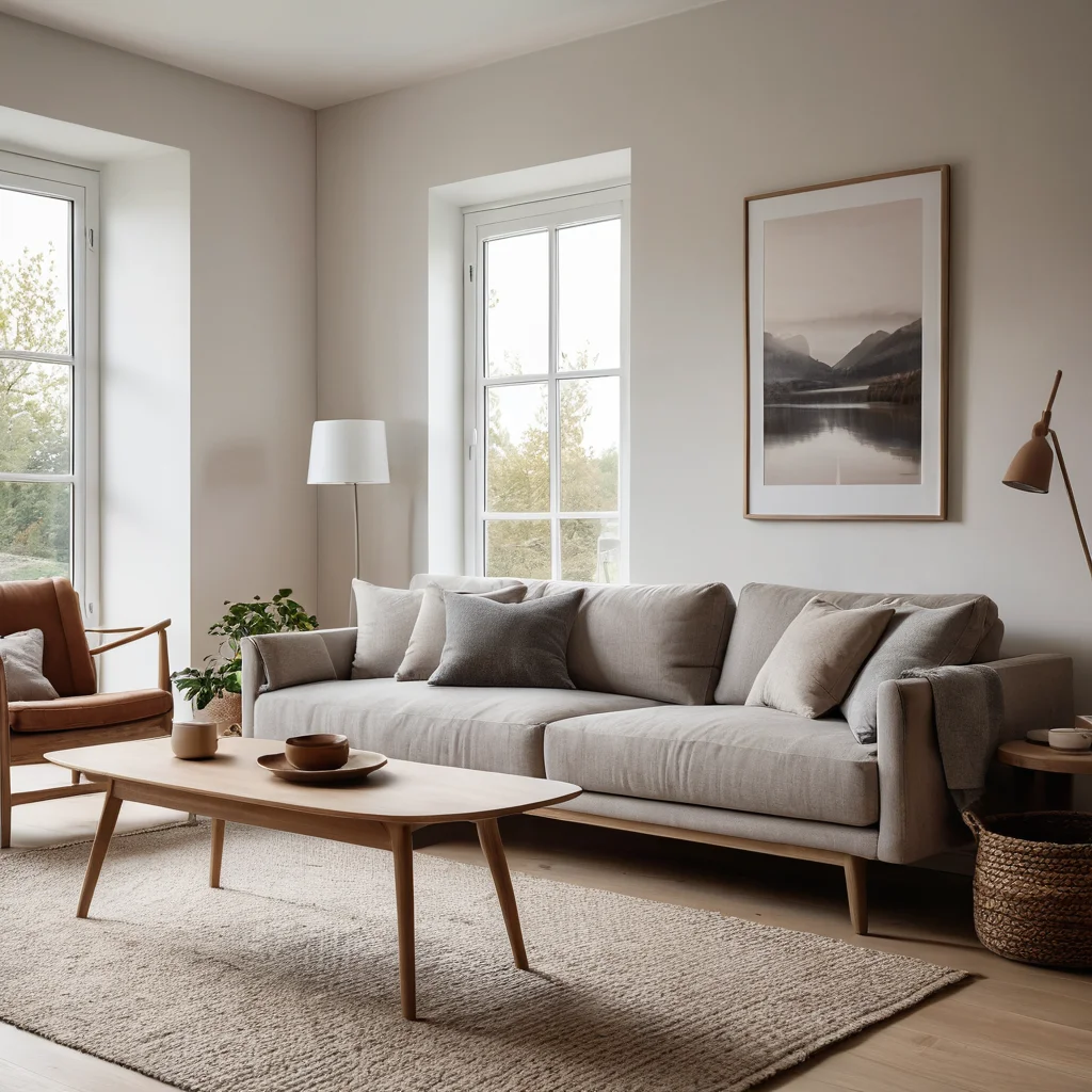 Функциональная мебель для минималиста: диван со скрытым хранением, элегантный деревянный журнальный столик, кресло с чистыми линиями, расположенные в сбалансированной композиции в пространстве с теплым освещением.