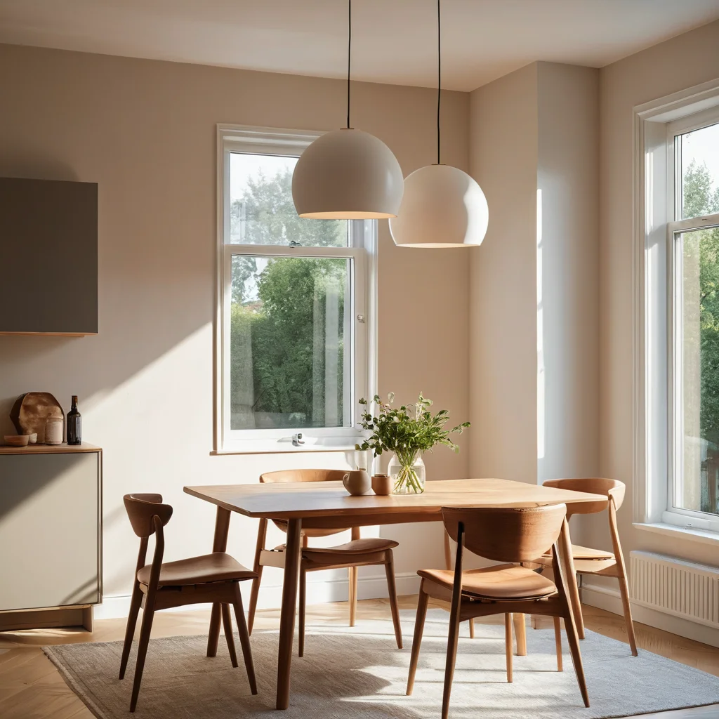 Минималистичная столовая с естественным светом, проникающим через окно, и подвесной лампой, излучающей теплый свет, создающая уютную атмосферу с мягкими тенями и чистыми поверхностями.