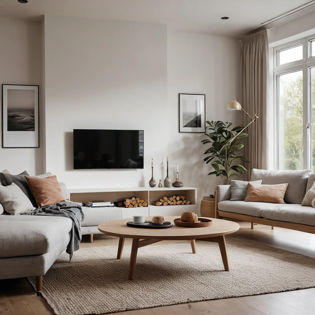 Минималистичная гостиная с чистыми линиями, естественным теплым освещением и ненавязчивыми текстурами, создающая атмосферу умиротворения и уюта, в стиле скандинавского дизайна.