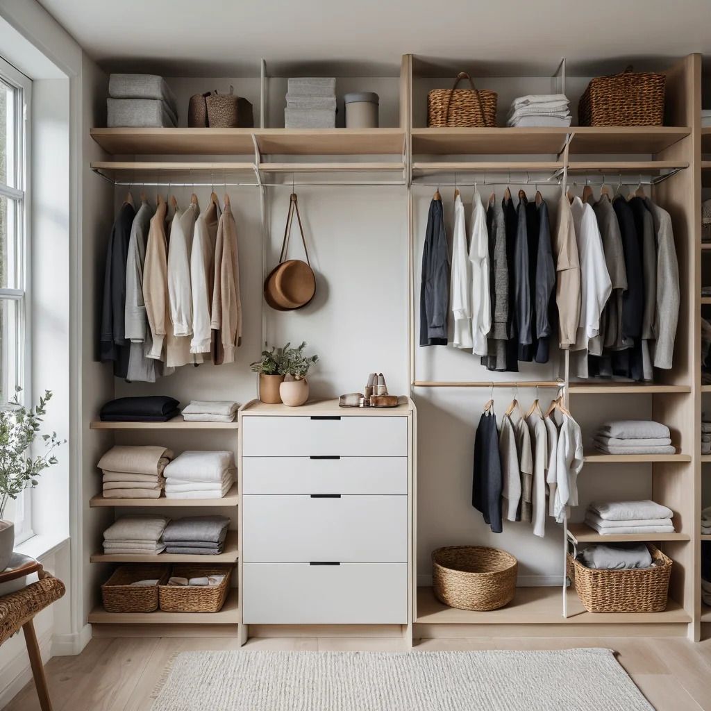 Организованный минималистичный гардероб с аккуратными полками, сложенной одеждой и развешенными вещами нейтральных цветов, демонстрирующий порядок и функциональное хранение как основу уюта.