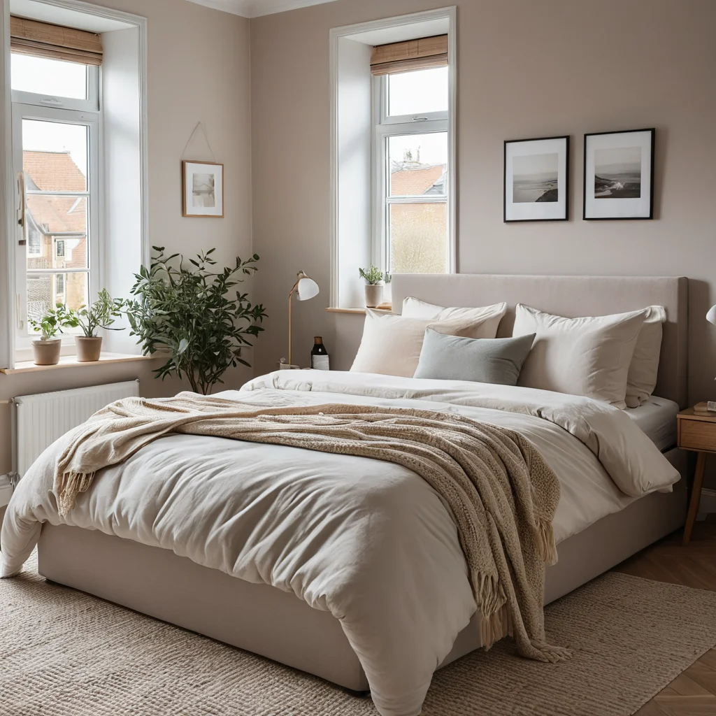 Спокойная спальня в нейтральной цветовой палитре (бежевый, кремовый, приглушенный серый) с мягким освещением, чистыми поверхностями и комфортным постельным бельем, воплощающая эстетику минимализма.
