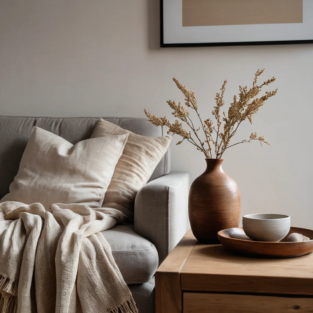 Крупный план тактильных текстур в минималистичном интерьере: льняной диван, шерстяной плед, деревянные элементы, керамическая ваза, мягкие тени, подчеркивающие глубину и тактильный комфорт.