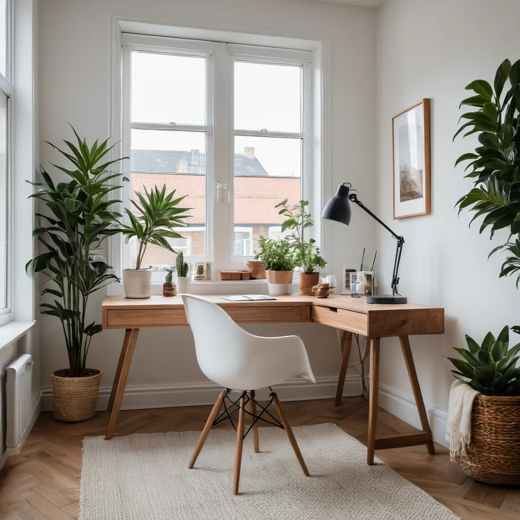 Уютный минималистичный домашний офис с естественным освещением, удобным креслом, чистым столом, минимальными отвлекающими факторами и растениями, создающий спокойную и вдохновляющую атмосферу для продуктивной работы.