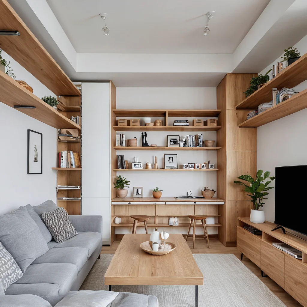 Организованная маленькая квартира с чистой вертикальной системой хранения, минималистичные полки, выделенные зоны, отсутствие беспорядка, функциональная планировка, яркий естественный свет, аккуратный, эффективный дизайн, иллюстрирующий чек-лист для организации 'воздушного' и функционального вертикального хранения.
