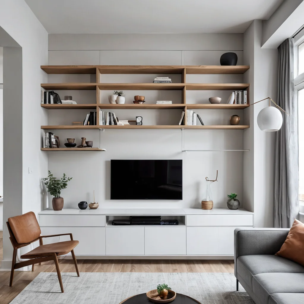 Стена современной маленькой квартиры с интегрированной системой полок, минималистичный дизайн, чистые линии, умные решения для хранения, эргономичная планировка, высокие потолки, демонстрирующая потенциал стен для вертикального хранения.