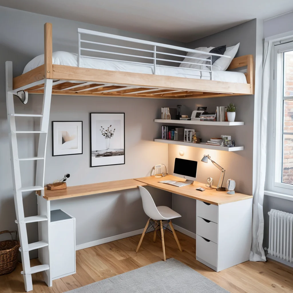 Кровать-чердак в маленькой студии, скрытый стол под ней, трансформируемая мебель, компактный дизайн, многофункциональность, современность, яркий интерьер, демонстрирующий мебель на 'втором этаже' и скрытые системы.