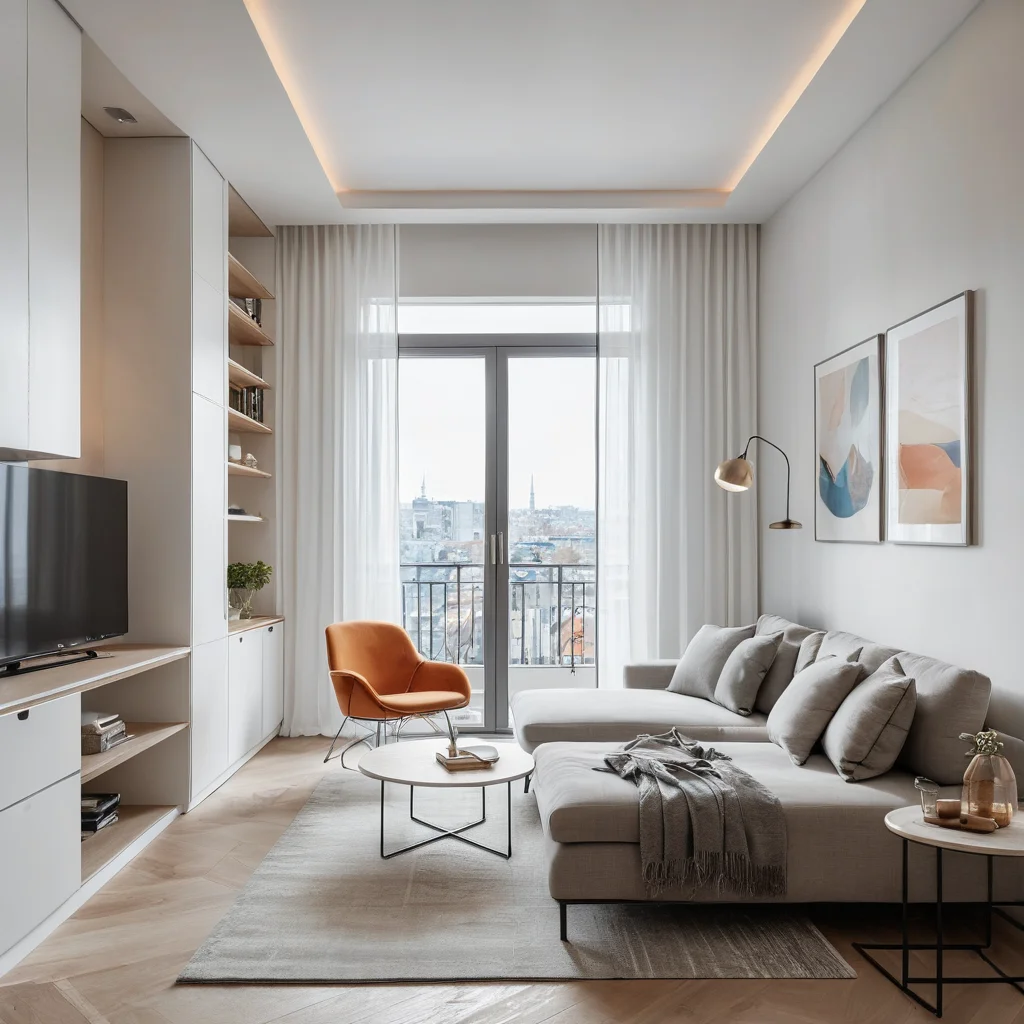 Интерьер маленькой квартиры с вертикальным градиентом цвета на стенах, встроенное освещение, отражающие поверхности, создающие иллюзию пространства, яркий, современный, воздушный дизайн, демонстрирующий оптические иллюзии в вертикали.