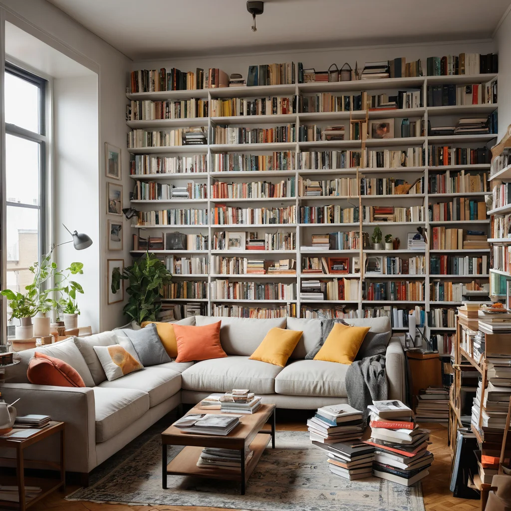 Перегруженная гостиная в маленькой квартире, заваленные полки, стопки книг и предметов, беспорядок, стесненное пространство, естественный свет, хаос, визуальная перегрузка, демонстрирующая проблему переполненности, которая решается вертикальным хранением.