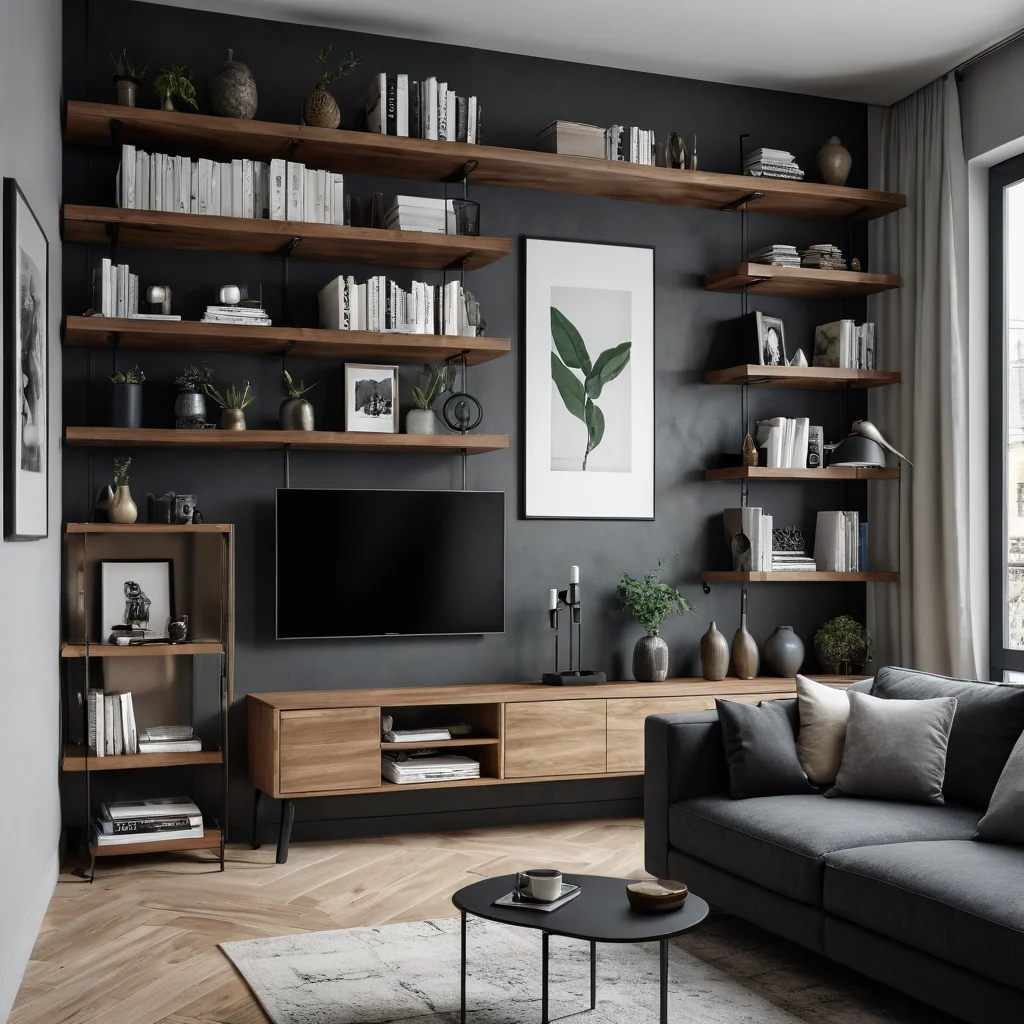 Маленькая квартира с чрезмерным количеством декоративных предметов на полках, плохо организованное вертикальное хранение, громоздкая мебель, загромождающая пространство, темные углы, беспорядок, неэффективный дизайн, демонстрирующий типичные ошибки при вертикальном обустройстве.