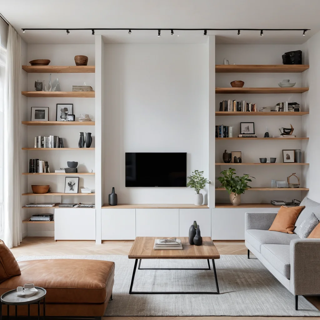 Гостиная маленькой квартиры, разделенная высоким стеллажом с открытыми полками, четкие зоны для гостиной и столовой, открытая планировка, функциональное разделение, минимализм, воздушность, естественный свет, демонстрирующий вертикальное зонирование.