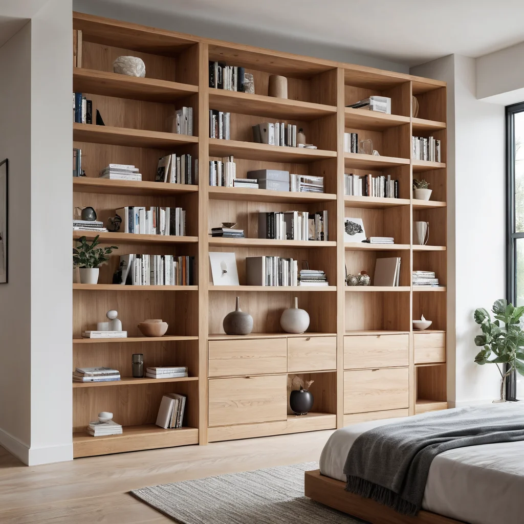Высокий книжный шкаф от пола до потолка в компактной спальне, модульные настенные блоки, открытые полки, закрытые шкафы, различные типы хранения, организованность, функциональность, скандинавский дизайн, натуральное дерево, иллюстрирующий архитектуру вертикального хранения.