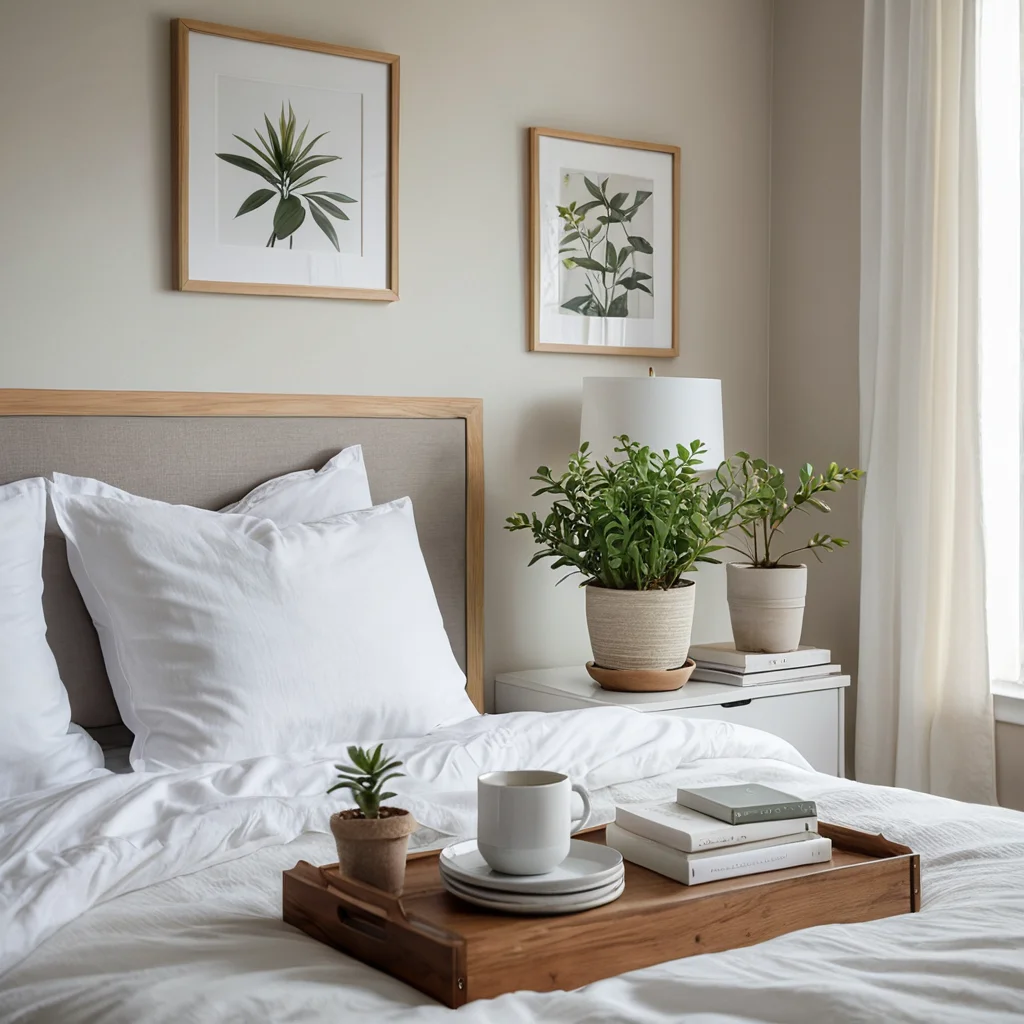 Фотореалистичное изображение светлой и воздушной спальни, свободного от лишних предметов пространства, со свежим белым постельным бельем, пастельными подушками, залитой солнцем комнатой, небольшим горшечным растением на прикроватной тумбочке, минималистичным дизайном, организованностью и ощущением безмятежного весеннего утра.