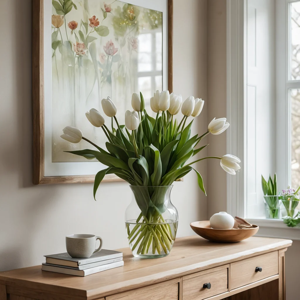 Фотореалистичное изображение декора прихожей: букет свежих тюльпанов в керамической вазе с нежным цветочным узором, светлый деревянный консольный столик, акценты из зеленой листвы, весенние цветы, создающие гостеприимную атмосферу, природные мотивы, тонкие детали.