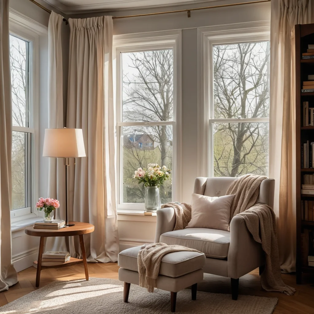 Фотореалистичное изображение уютного уголка для чтения с большим окном, прикрытым полупрозрачными занавесками, мягким естественным светом, теплым светом искусственной лампы, удобным креслом и стопкой книг, передающее атмосферу безмятежного весеннего утра.