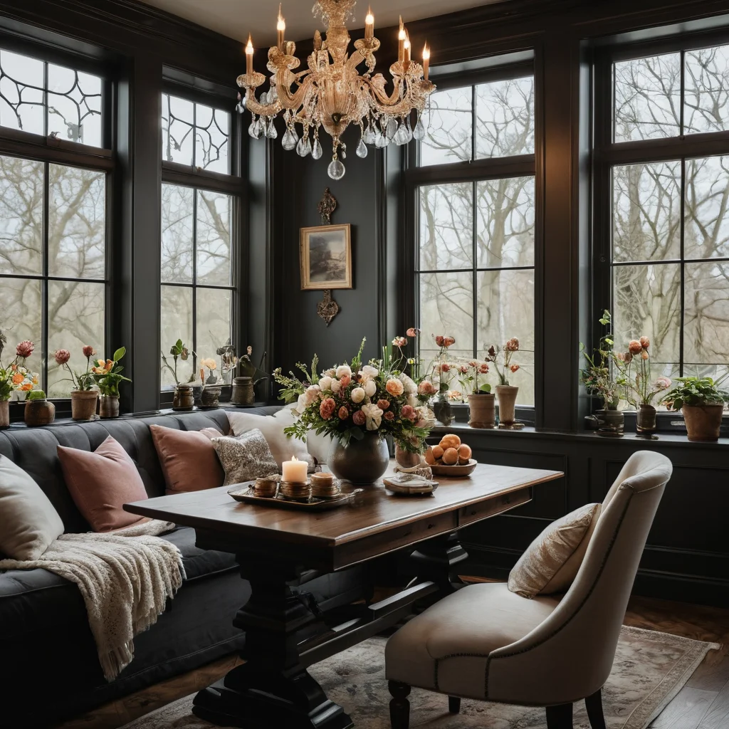 Фотореалистичное изображение захламленного весеннего интерьера с тяжелой темной мебелью, чрезмерно вычурным декором, искусственными цветами, недостатком естественного света, создающее суетливую и подавляющую, 'тяжелую' атмосферу из-за неправильного выбора декора.