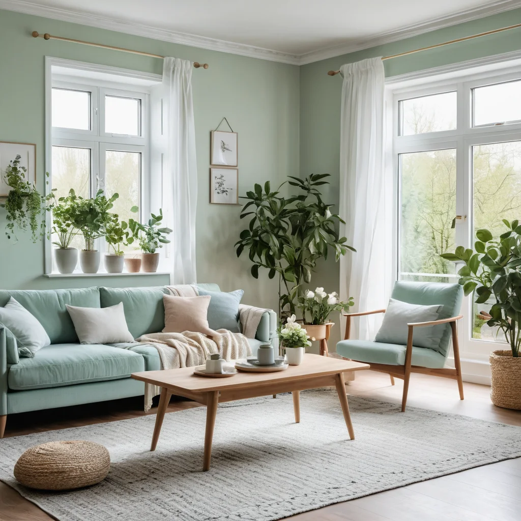 Фотореалистичное изображение гостиной в пастельных зелено-голубых тонах, с обильным естественным светом, цветущими растениями, тонкими цветочными акцентами, создающее ощущение воздушности и простора, наполненное весенней энергией, в современном скандинавском стиле.