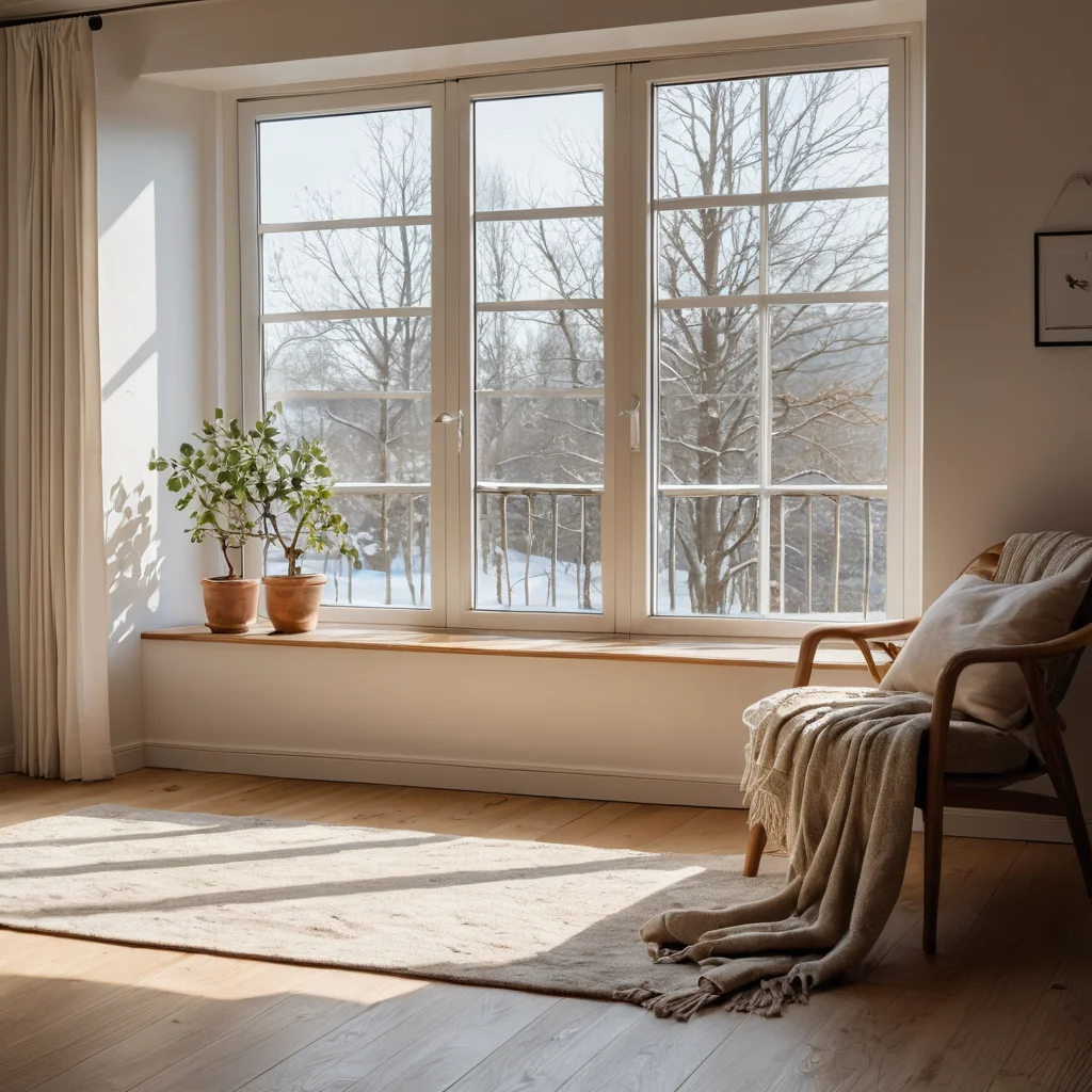 Фотореалистичное изображение пробуждающегося после зимы интерьера, залитого мягким солнечным светом, с танцующими пылинками, передающее ощущение свежести, минималистичный декор, естественное освещение, мирная атмосфера.
