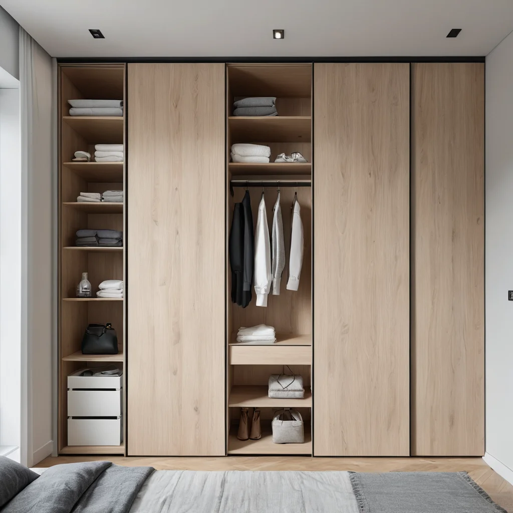 Изображение встроенного шкафа, идеально вписанного в небольшую нишу или угол маленькой комнаты, демонстрирующее умные решения для адаптации и максимального использования пространства.