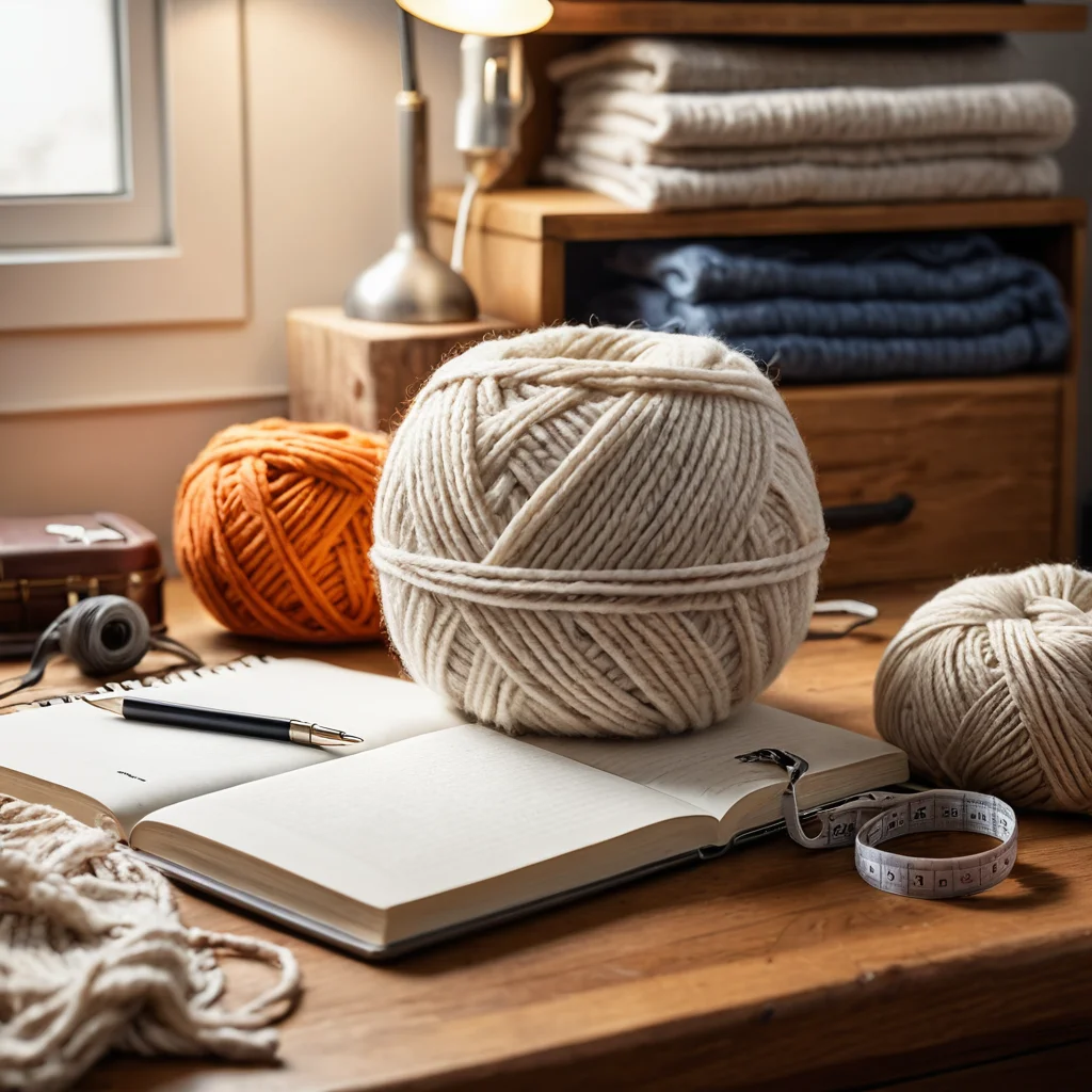 Организованное рабочее пространство с большим мотком объемной пряжи, измерительной лентой и заметками, готовое к началу вязания пледа руками без спиц. Идеальная подготовка к мастер-классу.
