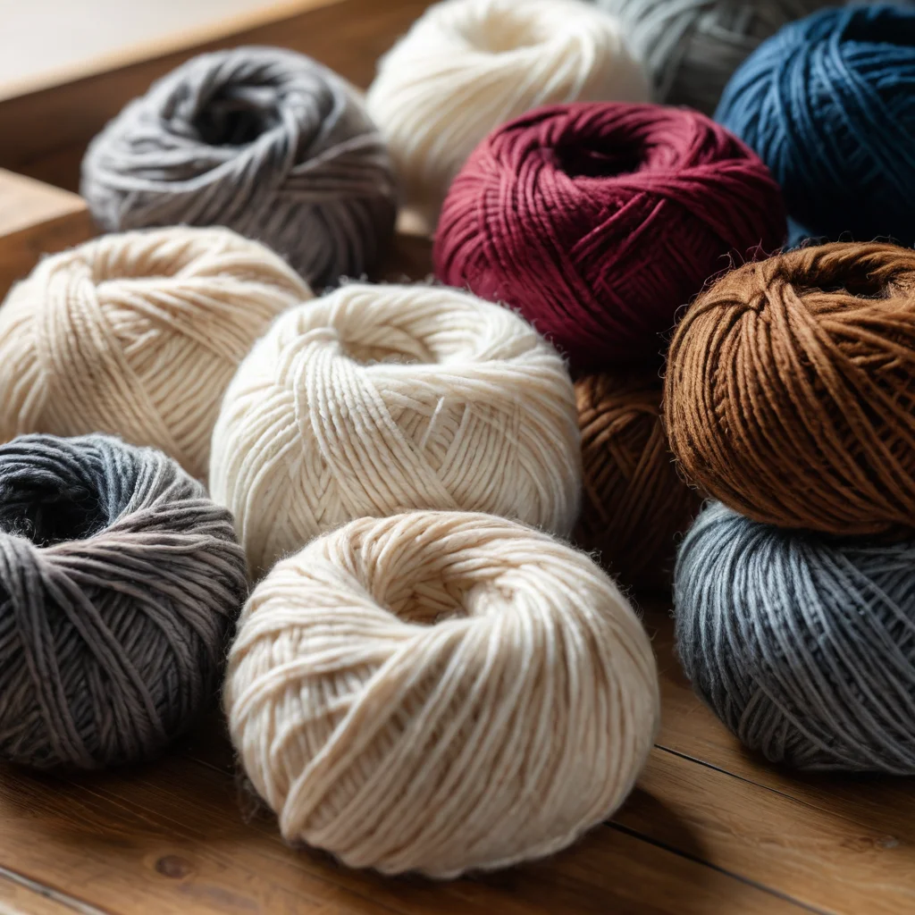 Разнообразие крупной пряжи разных видов и цветов, аккуратно разложенной на столе. Руки слегка касаются мотков, демонстрируя текстуру, что помогает выбрать идеальную пряжу для пледа крупной вязки без спиц.