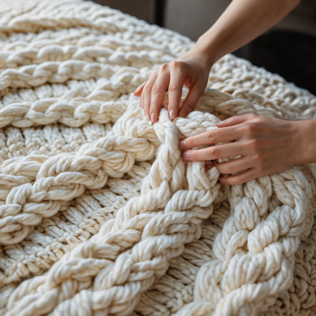 Руки продолжают вязать основное полотно пледа крупной вязки, демонстрируя формирование размера и плотности изделия. Виден процесс создания уютного пледа руками без спиц.