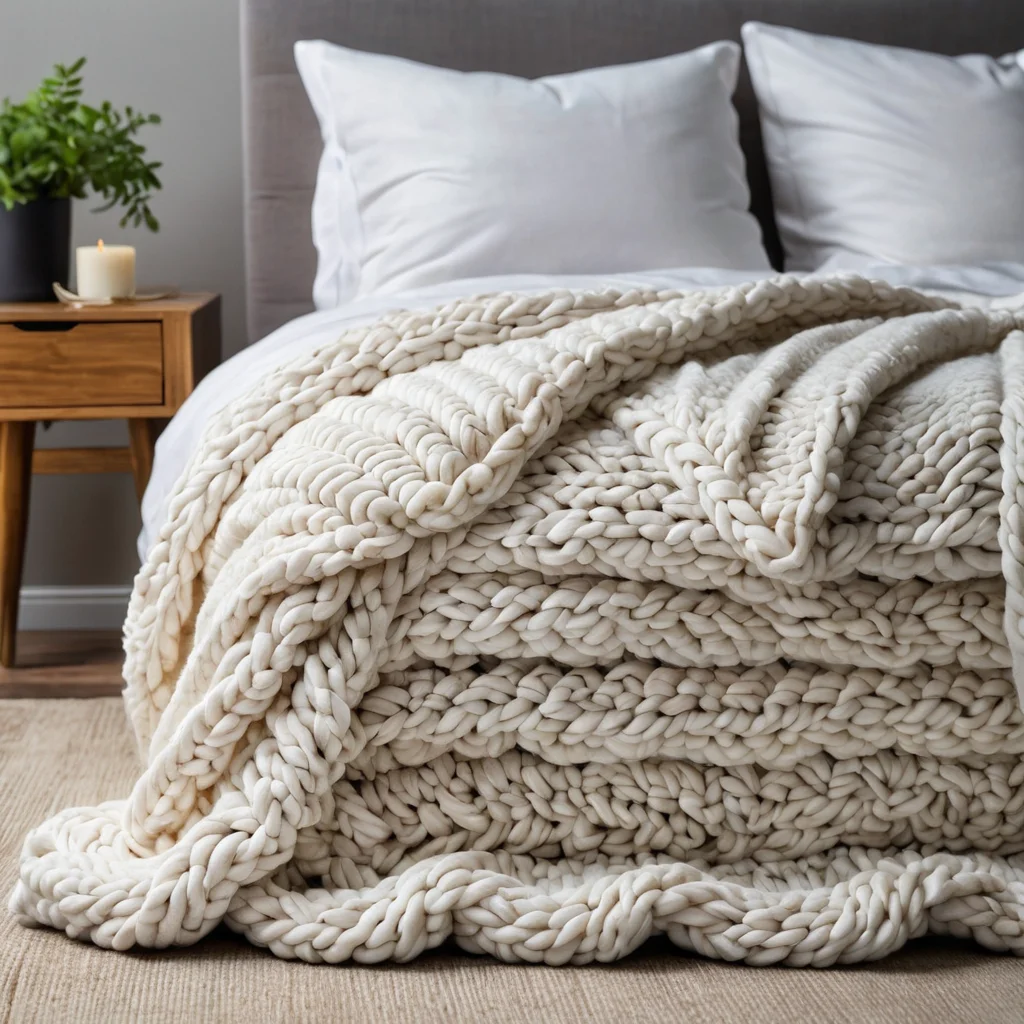 Идеально задрапированный плед крупной вязки на диване или кровати, демонстрирующий объем, форму и безупречный внешний вид. Изображение подчеркивает профессиональные секреты создания идеального пледа, связанного руками без спиц.