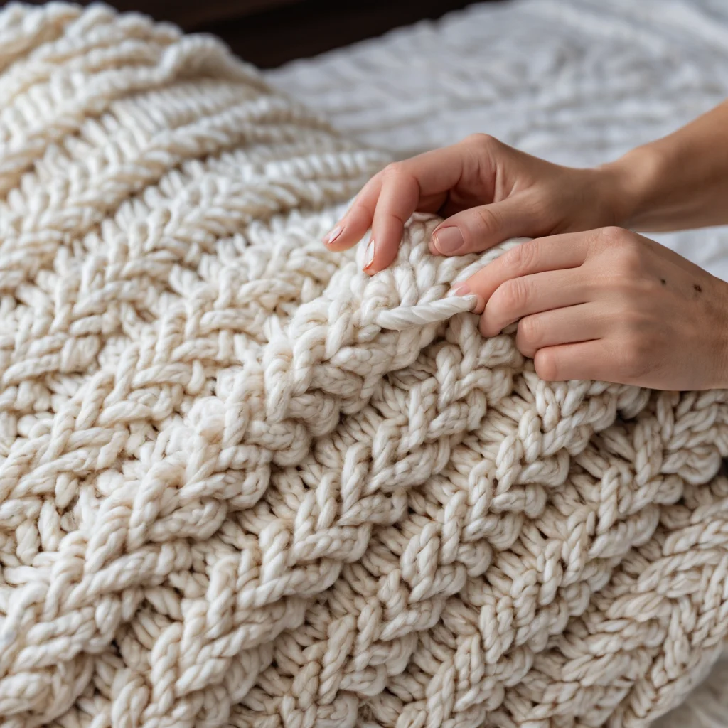 Руки закрывают последние петли на почти готовом пледе крупной вязки, демонстрируя аккуратное завершение работы. Этот этап мастер-класса по вязанию пледа без спиц подчеркивает финишную коррекцию формы.