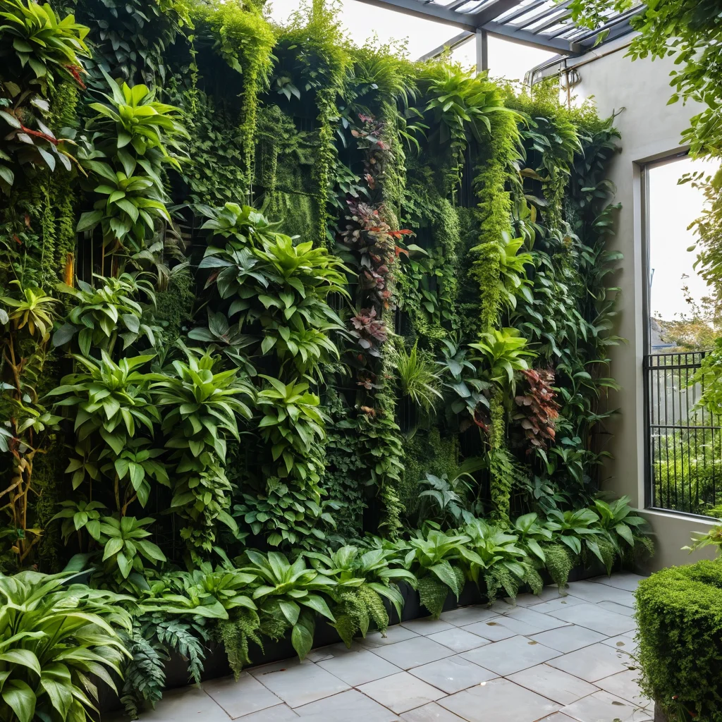 Вертикальный сад с зеркальным забором на заднем плане, украшенный вьющимися растениями и пышной зеленью, создающий гармоничное сочетание природы и отражений.