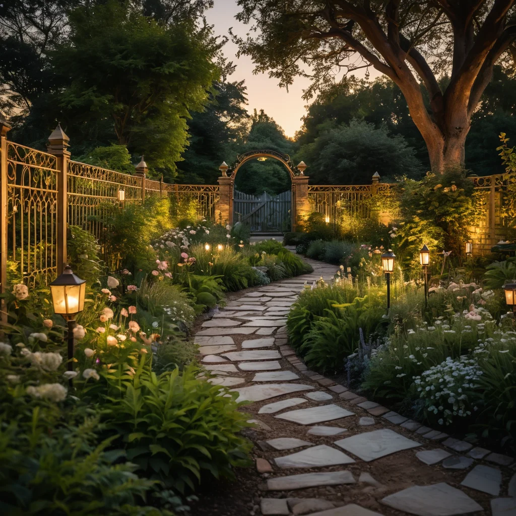 Волшебный сад ночью с зеркальным забором, освещенным мягкими огнями, создающими отражения и создающими сказочную вечернюю атмосферу.