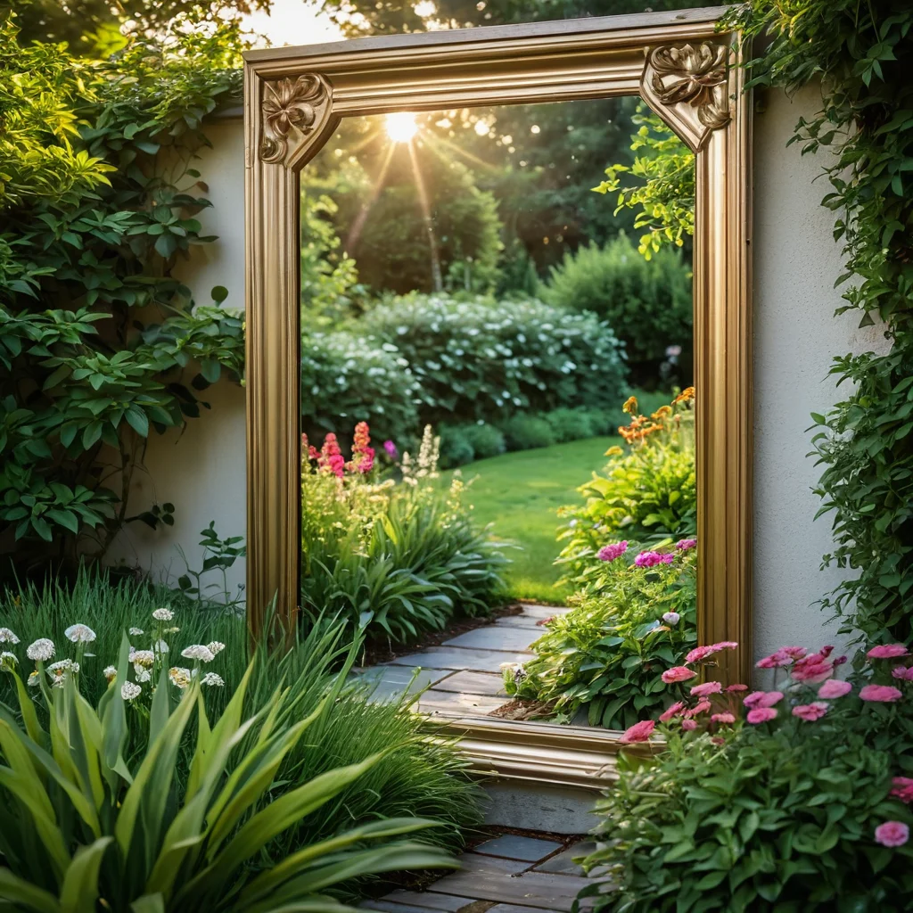 Крупный план зеркальной панели для забора в саду, показывающий чистое отражение и детали DIY-проекта по благоустройству заднего двора.