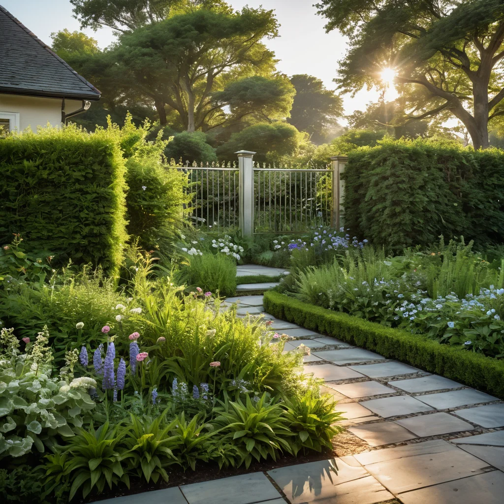 Современный загородный сад с зеркальным забором, отражающим пышную зелень и создающим иллюзию бесконечного пространства, залитый естественным светом.