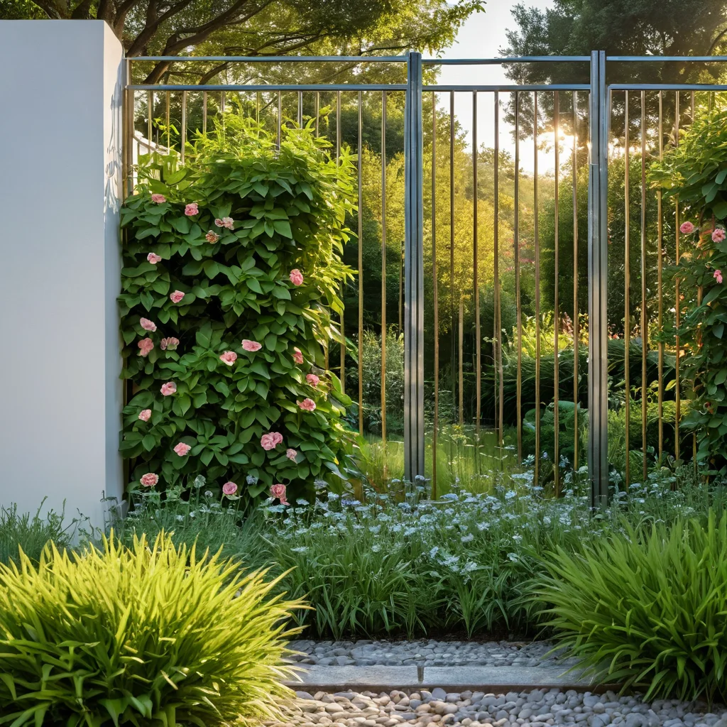 Садовый забор из зеркальных панелей с матовой металлической рамой, демонстрирующий бесшовное отражение и современный дизайн.