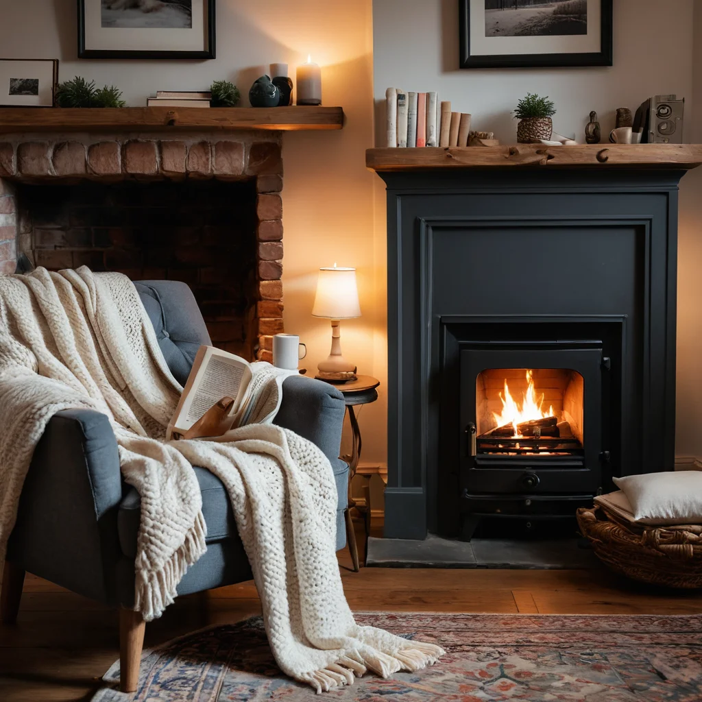 Идеальный зимний уголок для отдыха: уютное кресло, мягкий плед, чашка горячего чая и книги у теплого камина, создающие зону полного комфорта и восстановления.