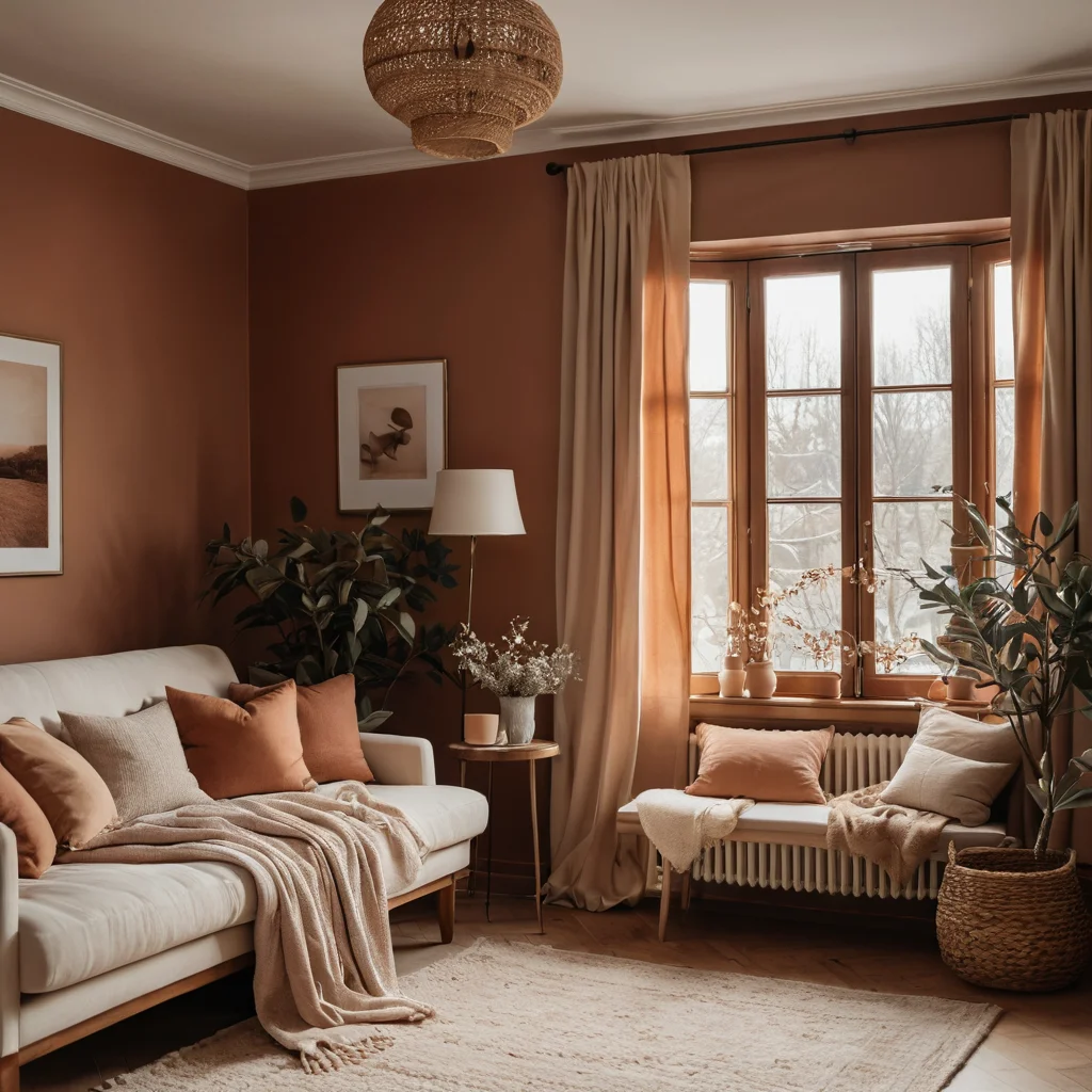 Зимняя цветовая палитра интерьера, включающая теплые нейтральные и землистые оттенки, такие как мягкий бежевый и приглушенный терракотовый, создающая спокойную атмосферу.
