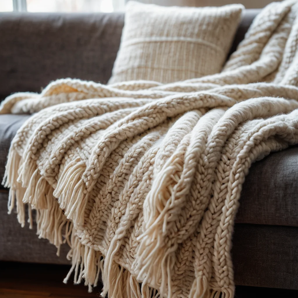 Макро-снимок толстого шерстяного пледа с выраженной вязаной текстурой, демонстрирующий натуральные волокна и создающий ощущение тактильного уюта.