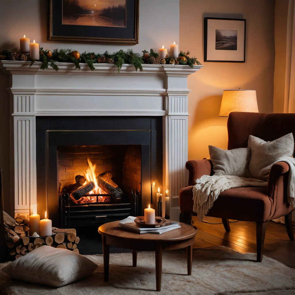 Горящий камин с потрескивающими поленьями и тлеющими углями, освещающий уютное кресло, создавая идеальную атмосферу для зимнего вечера.